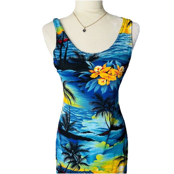 Nwt 90s Hawaiian Tropical Print Maxi Dress Rayon Beach Blue Sz M VTG - Picture 2 of 7